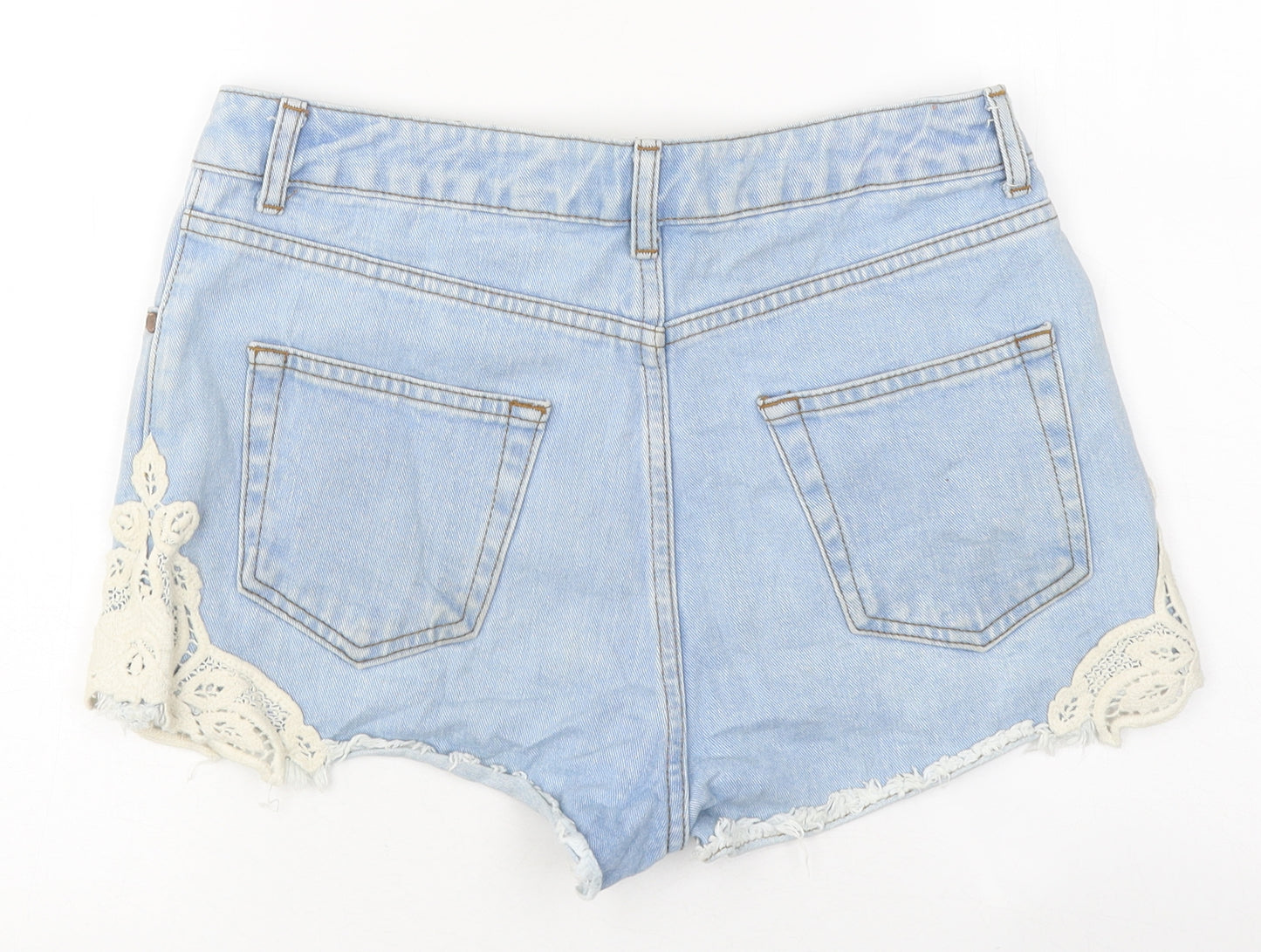 Miss Selfridge Womens Blue 100% Cotton Hot Pants Shorts Size 12 L9 in Regular Zip - Lace Detail