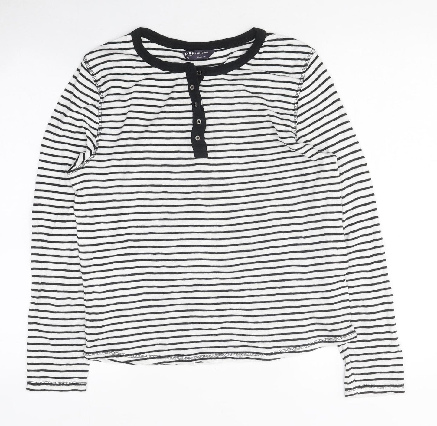 Marks and Spencer Womens Multicoloured Striped Polyester Basic Button-Up Size 12 Round Neck