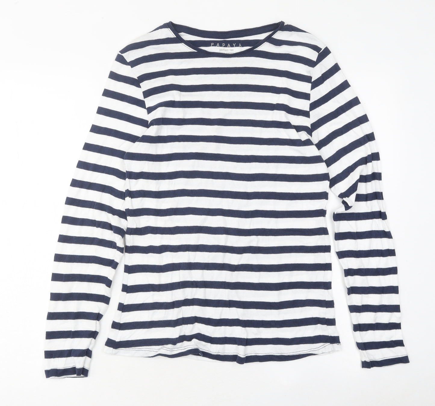 Papaya Womens White Striped Polyester Basic T-Shirt Size 16 Round Neck
