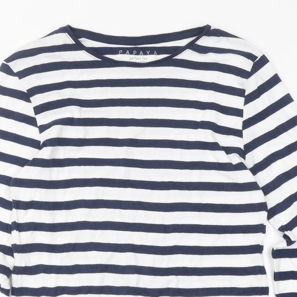 Papaya Womens White Striped Polyester Basic T-Shirt Size 16 Round Neck
