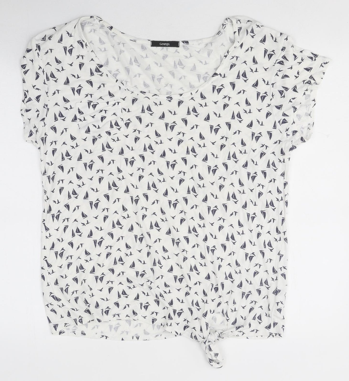 George Womens White Geometric Viscose Basic T-Shirt Size L Round Neck - Sail Boat Print