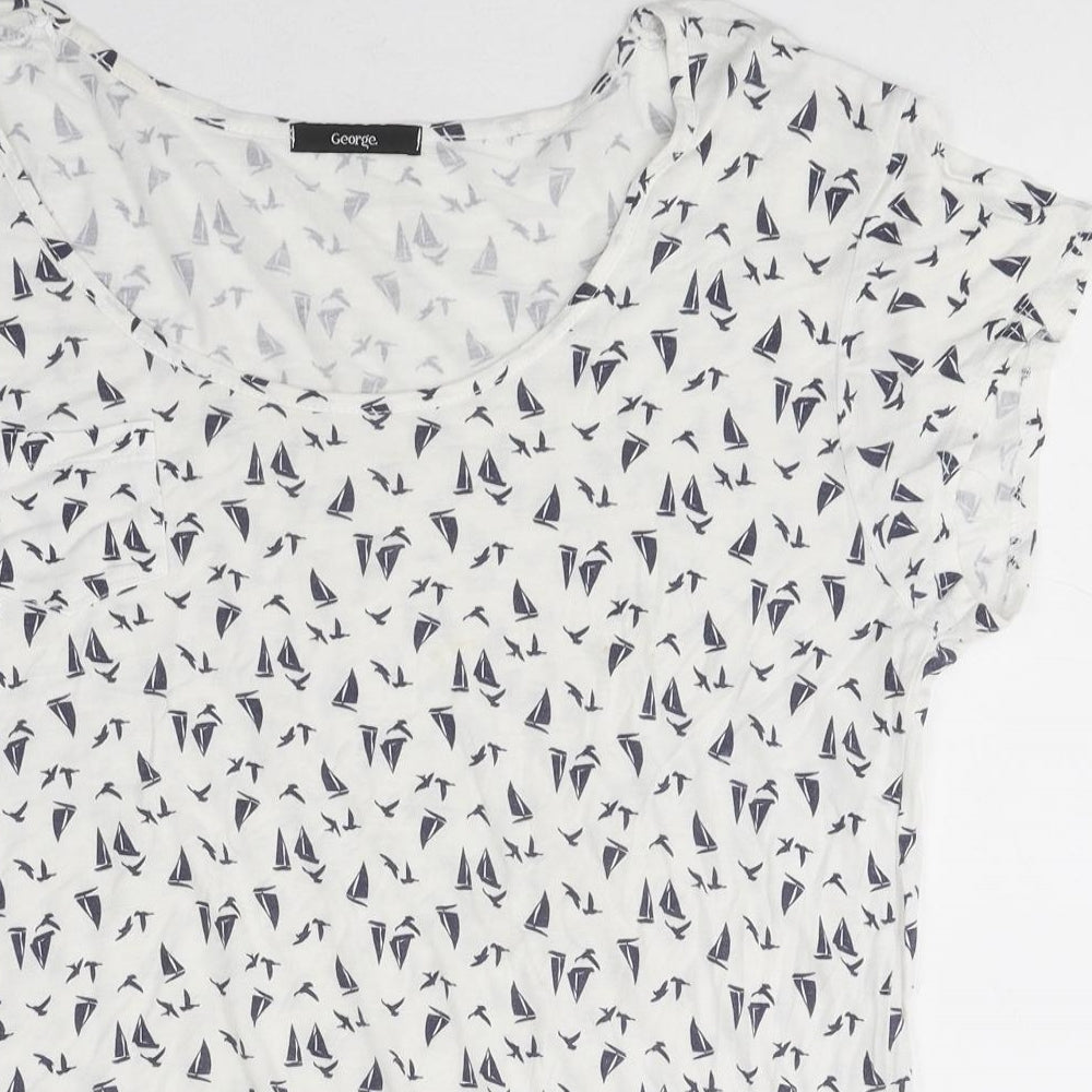George Womens White Geometric Viscose Basic T-Shirt Size L Round Neck - Sail Boat Print