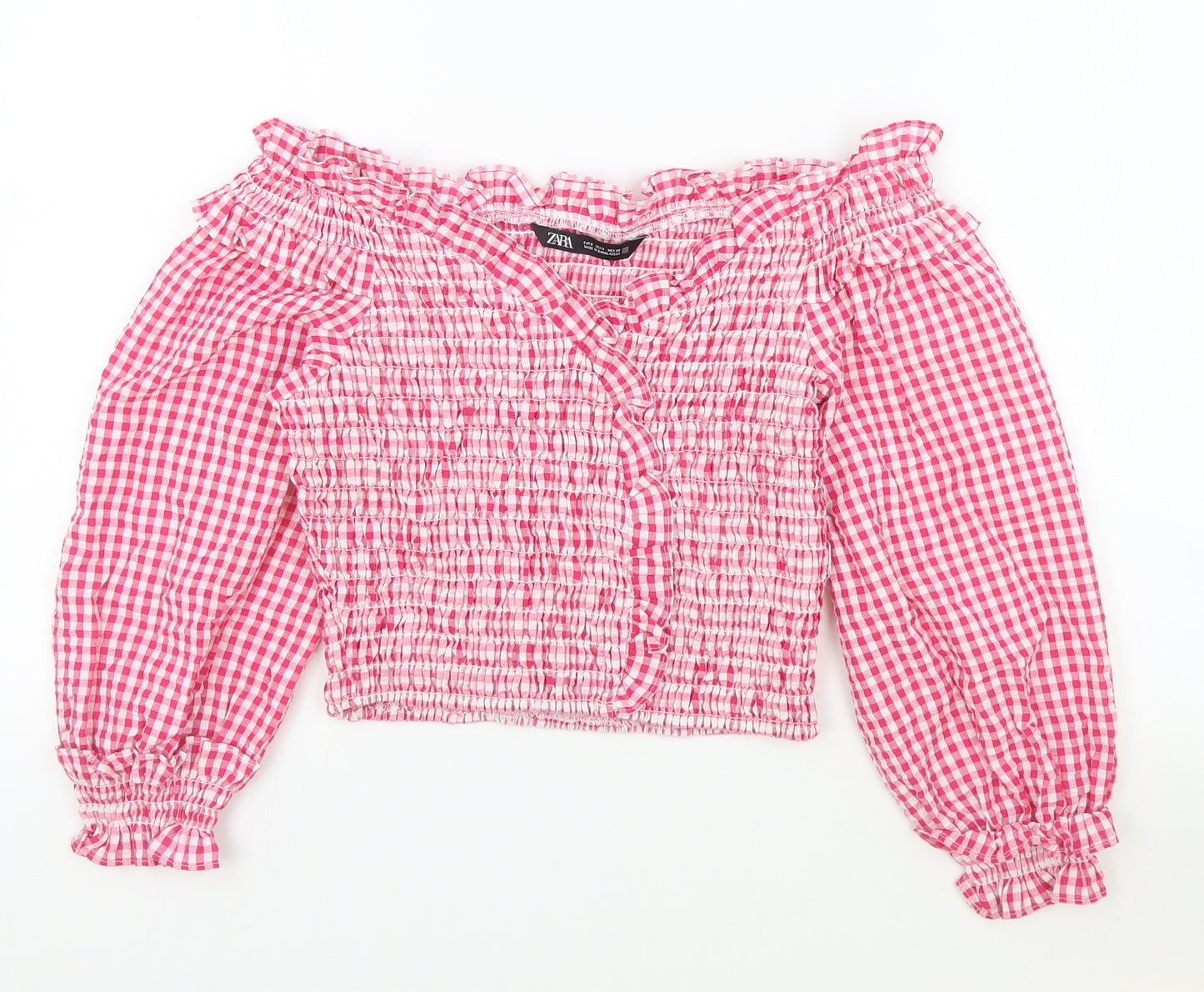 Zara Womens Red Check Polyester Cropped T-Shirt Size S Off the Shoulder