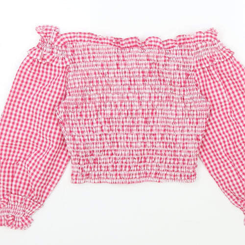 Zara Womens Red Check Polyester Cropped T-Shirt Size S Off the Shoulder