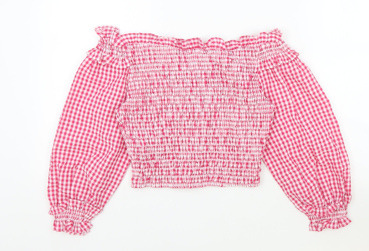 Zara Womens Red Check Polyester Cropped T-Shirt Size S Off the Shoulder