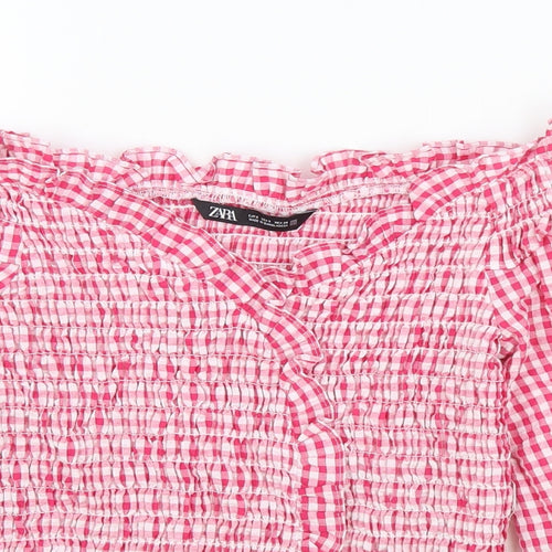 Zara Womens Red Check Polyester Cropped T-Shirt Size S Off the Shoulder