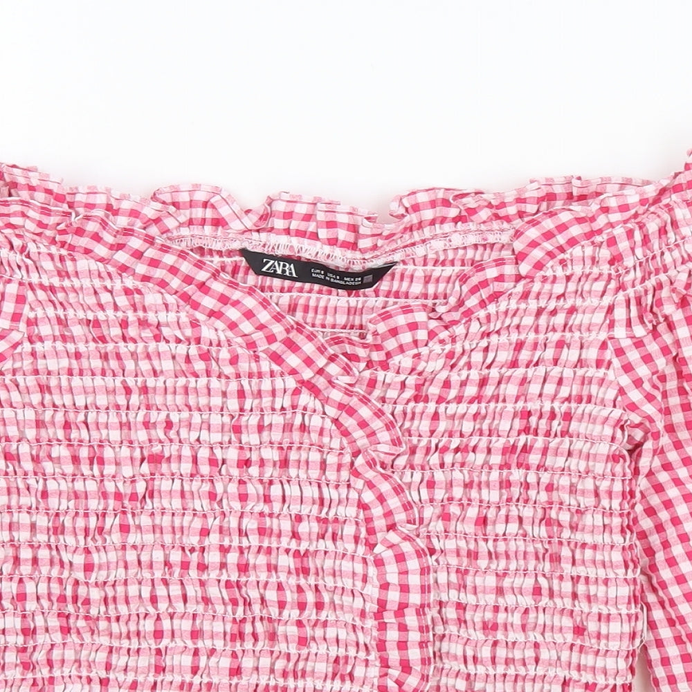 Zara Womens Red Check Polyester Cropped T-Shirt Size S Off the Shoulder