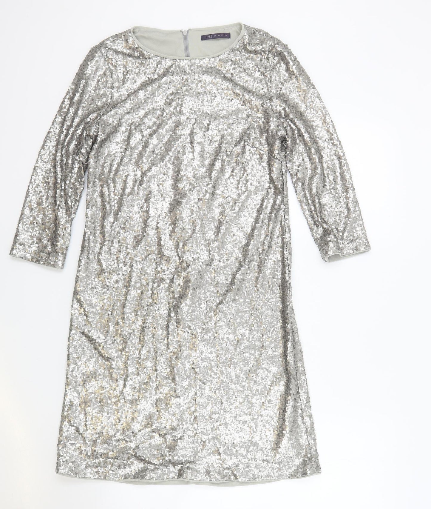 Marks and Spencer Womens Silver Polyester Slip Dress Size 10 Round Neck Zip
