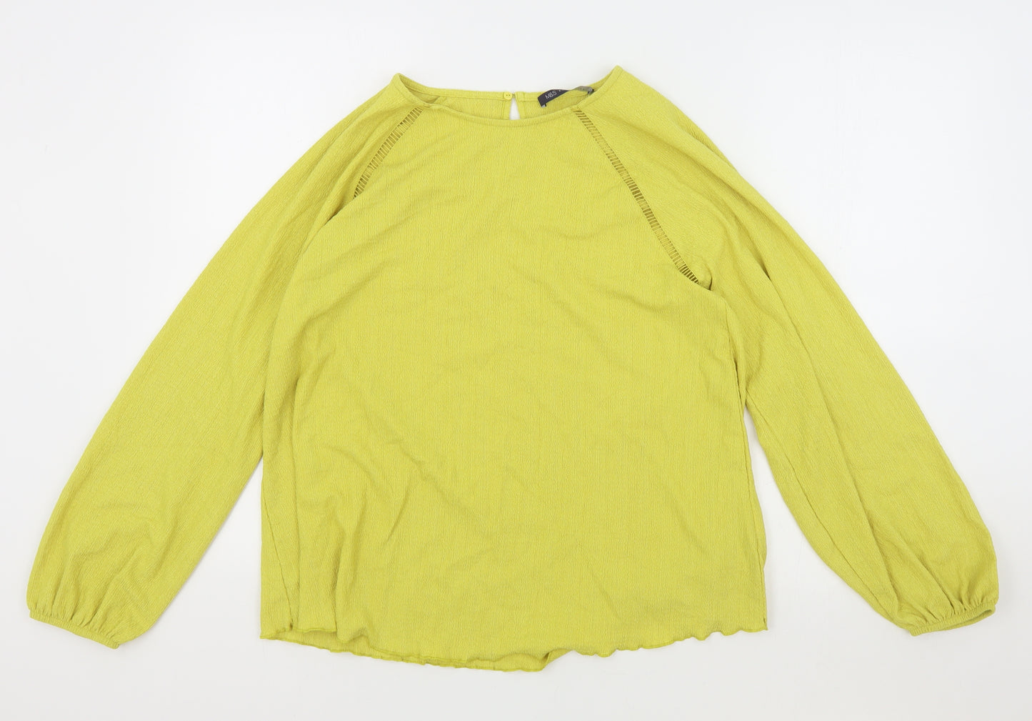 M&S Womens Yellow Polyester Basic Blouse Size 14 Round Neck - Keyhole