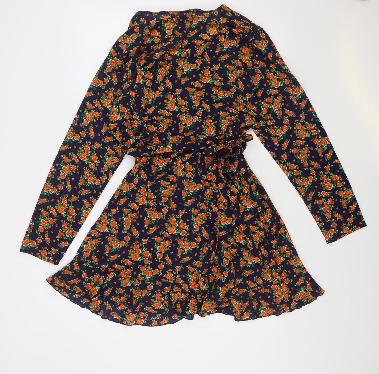 Missguided Womens Orange Floral Polyester Wrap Dress Size 16 V-Neck Zip