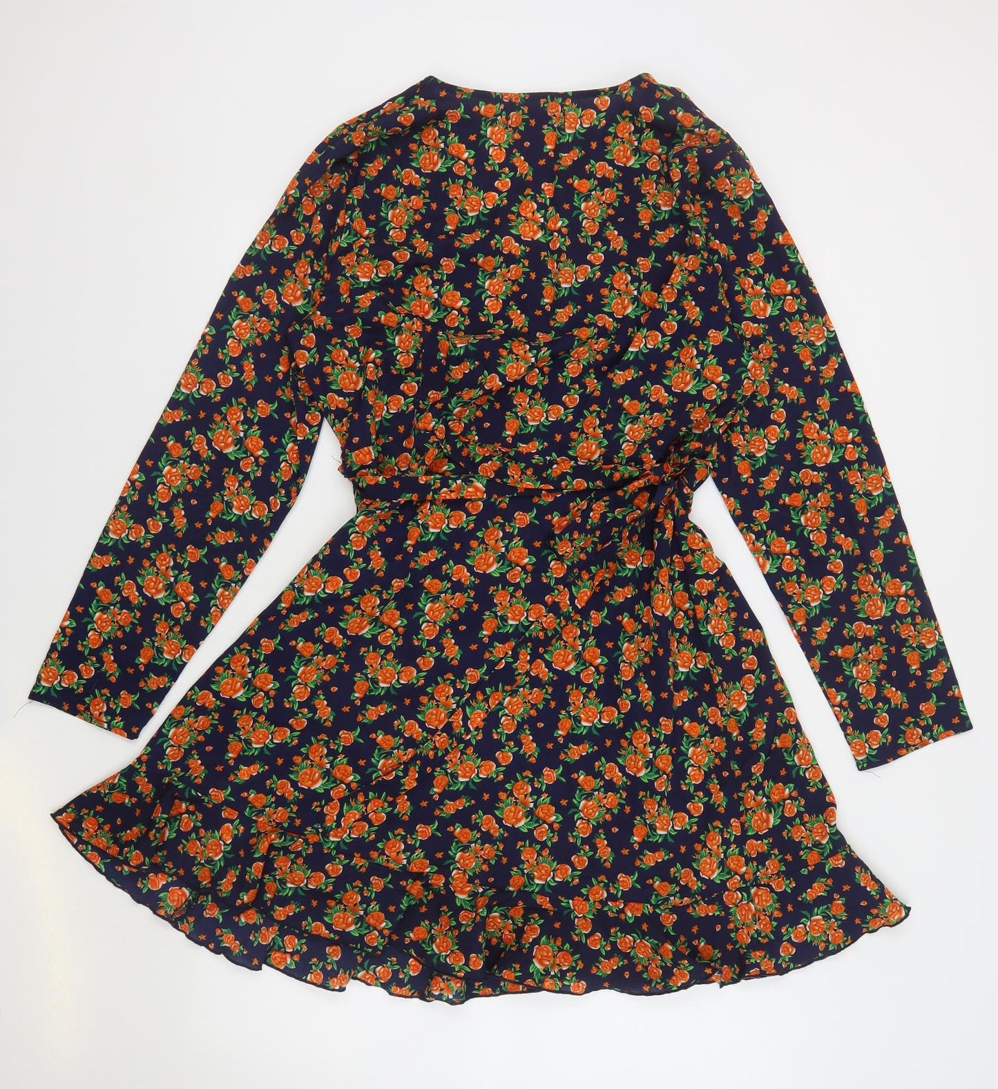 Missguided Womens Orange Floral Polyester Wrap Dress Size 16 V-Neck Zip