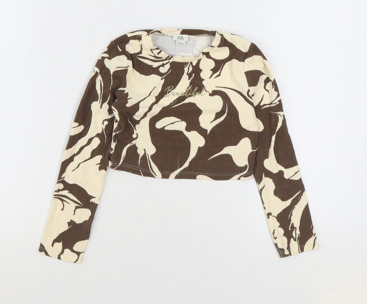 River Island Girls Brown Geometric Cotton Basic T-Shirt Size 7-8 Years Round Neck Pullover - Beautiful