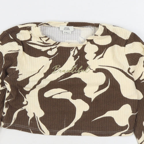 River Island Girls Brown Geometric Cotton Basic T-Shirt Size 7-8 Years Round Neck Pullover - Beautiful