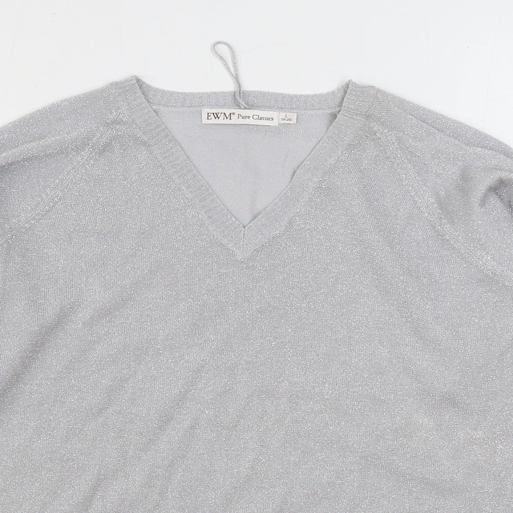 EWM Womens Silver V-Neck Acrylic Pullover Jumper Size L
