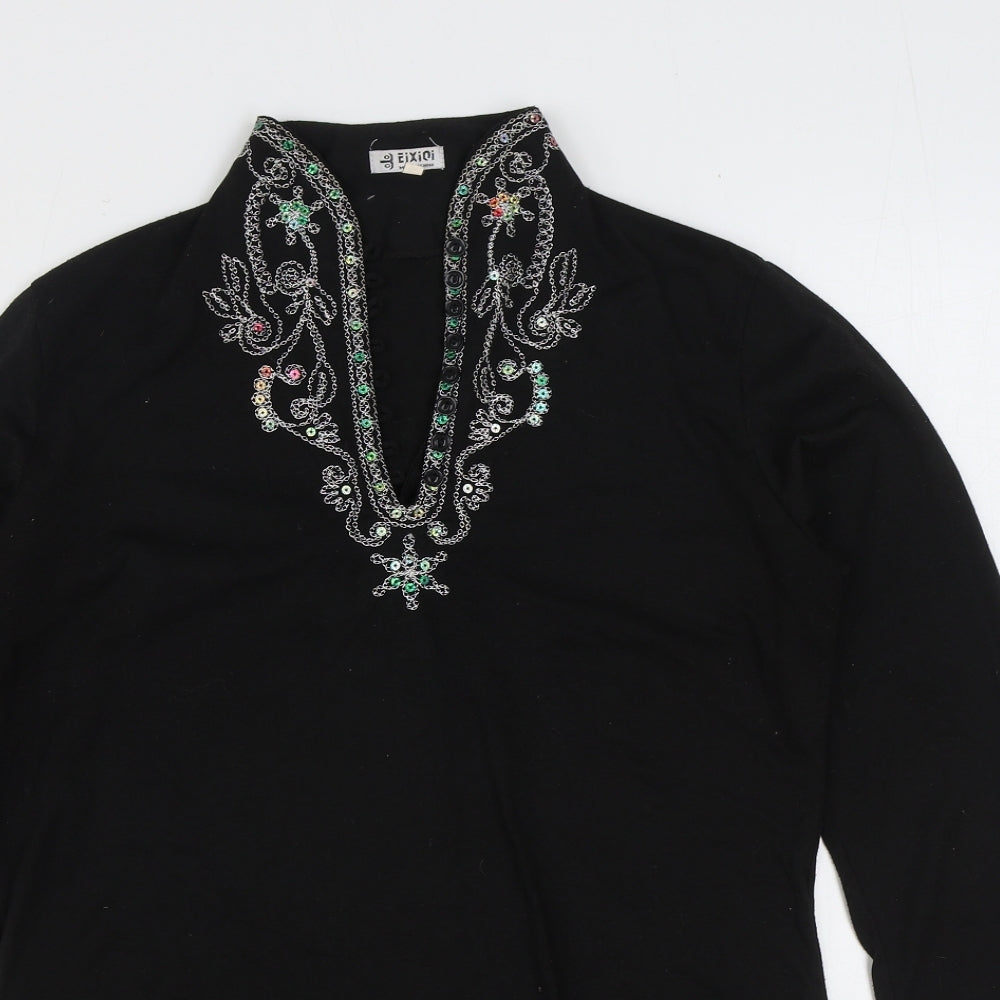 Eixioi Womens Black Cotton Basic T-Shirt Size L Henley