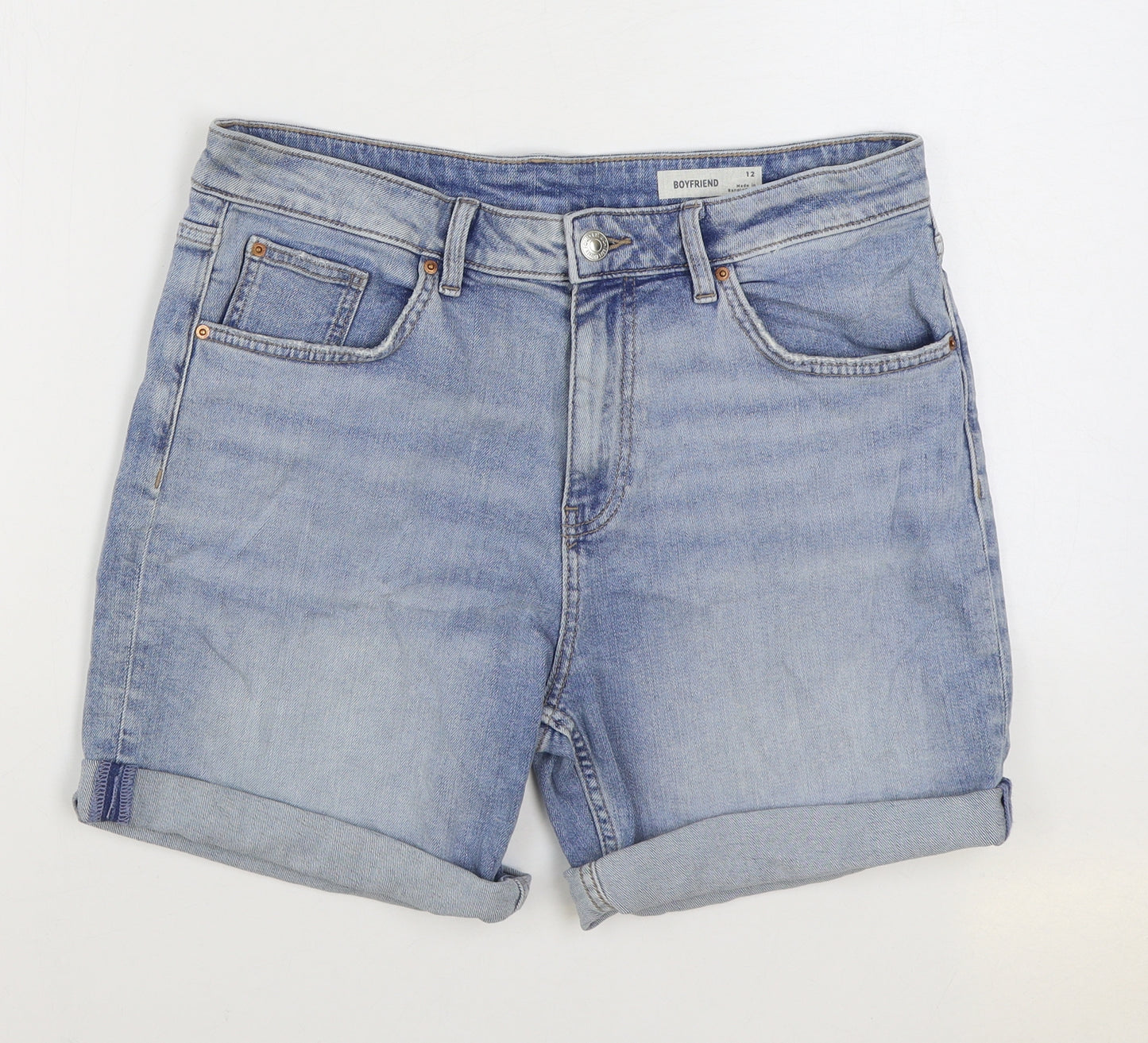 Marks and Spencer Womens Blue Cotton Boyfriend Shorts Size 12 L4 in Regular Zip