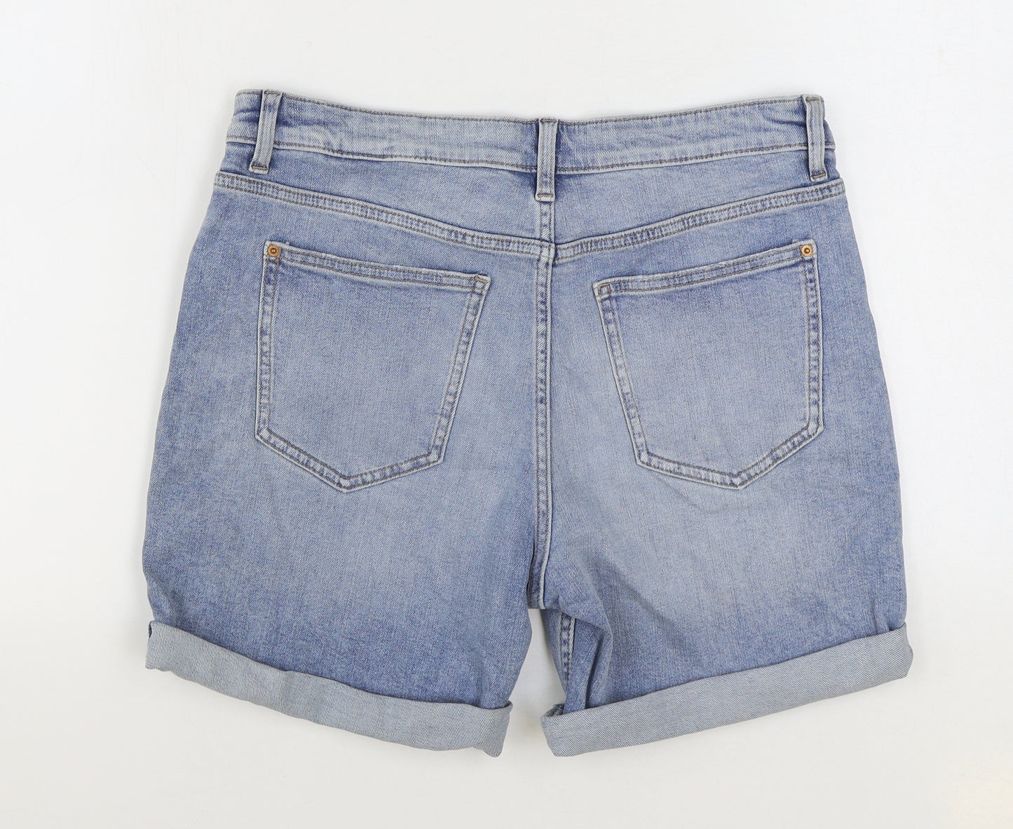 Marks and Spencer Womens Blue Cotton Boyfriend Shorts Size 12 L4 in Regular Zip