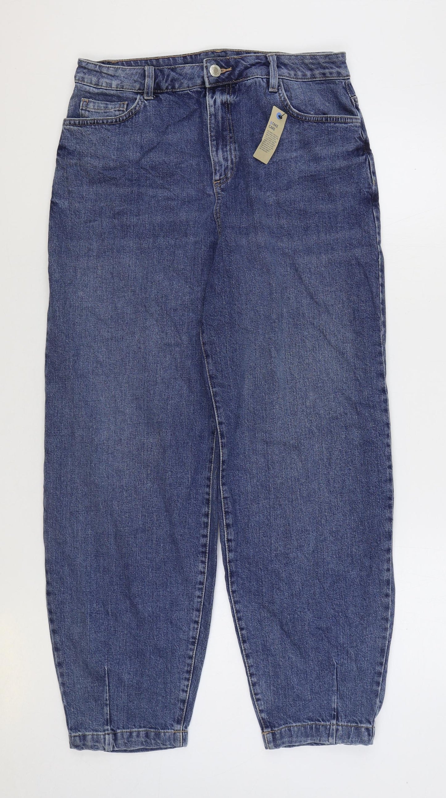 Marks and Spencer Womens Blue Cotton Tapered Jeans Size 14 L28 in Regular Zip - Balloon