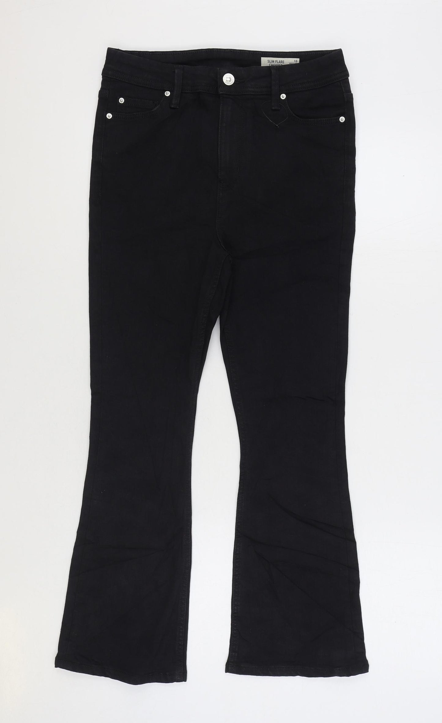 Marks and Spencer Womens Black Cotton Flared Jeans Size 10 L25 in Slim Zip