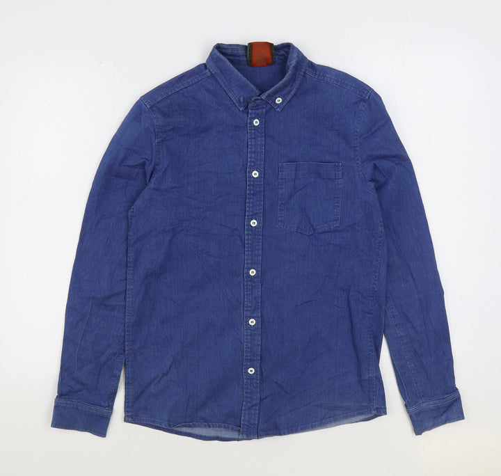 1811 Mens Blue Cotton Button-Up Size S Collared Button