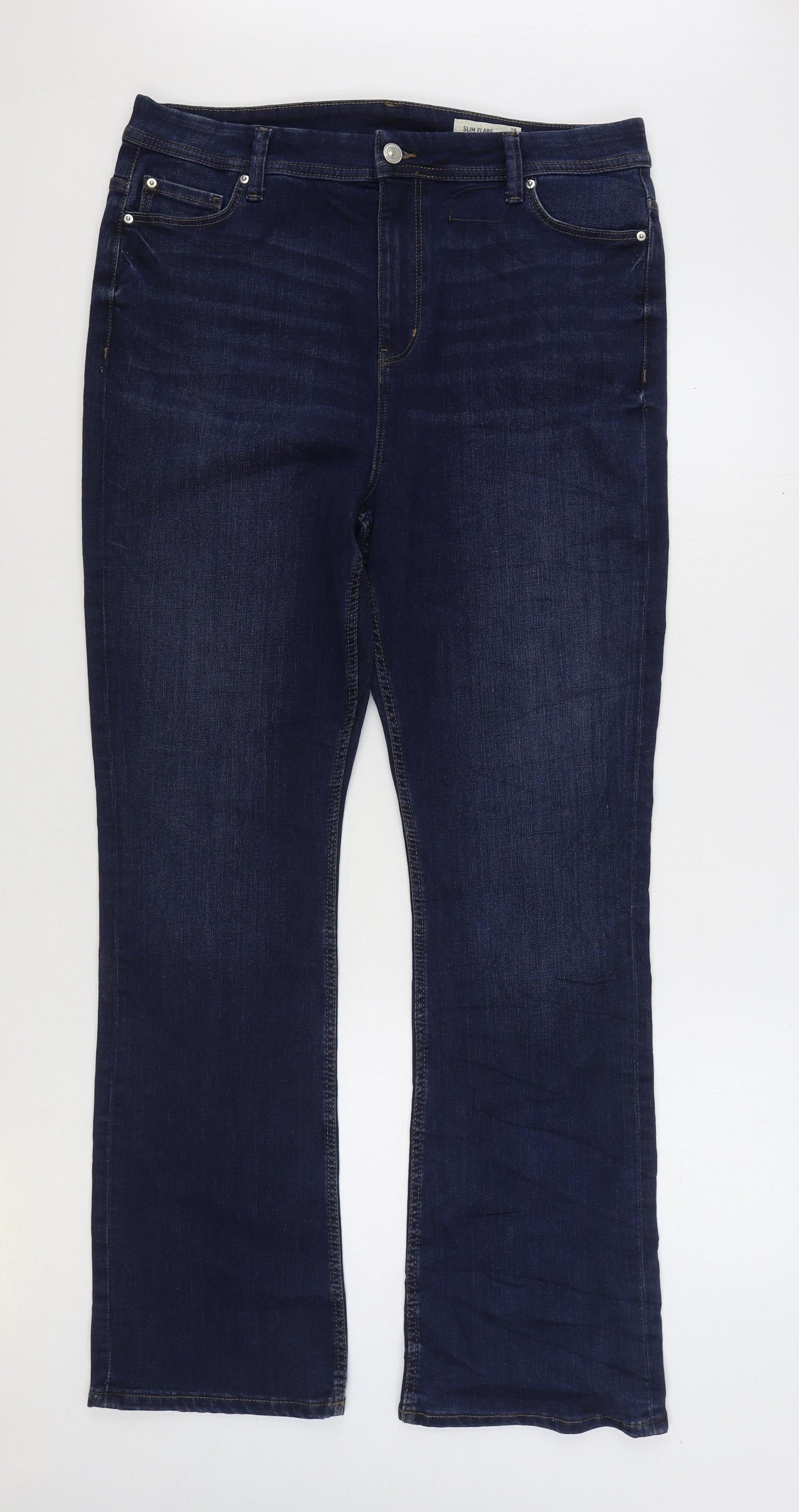 Marks and Spencer Womens Blue Cotton Flared Jeans Size 18 L31 in Slim Zip
