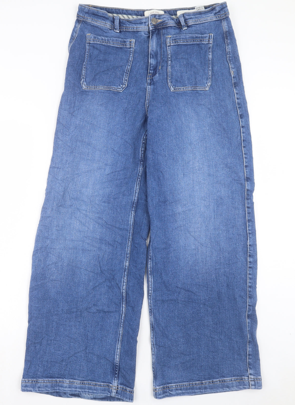 Marks and Spencer Womens Blue Cotton Wide-Leg Jeans Size 14 L29 in Regular Button