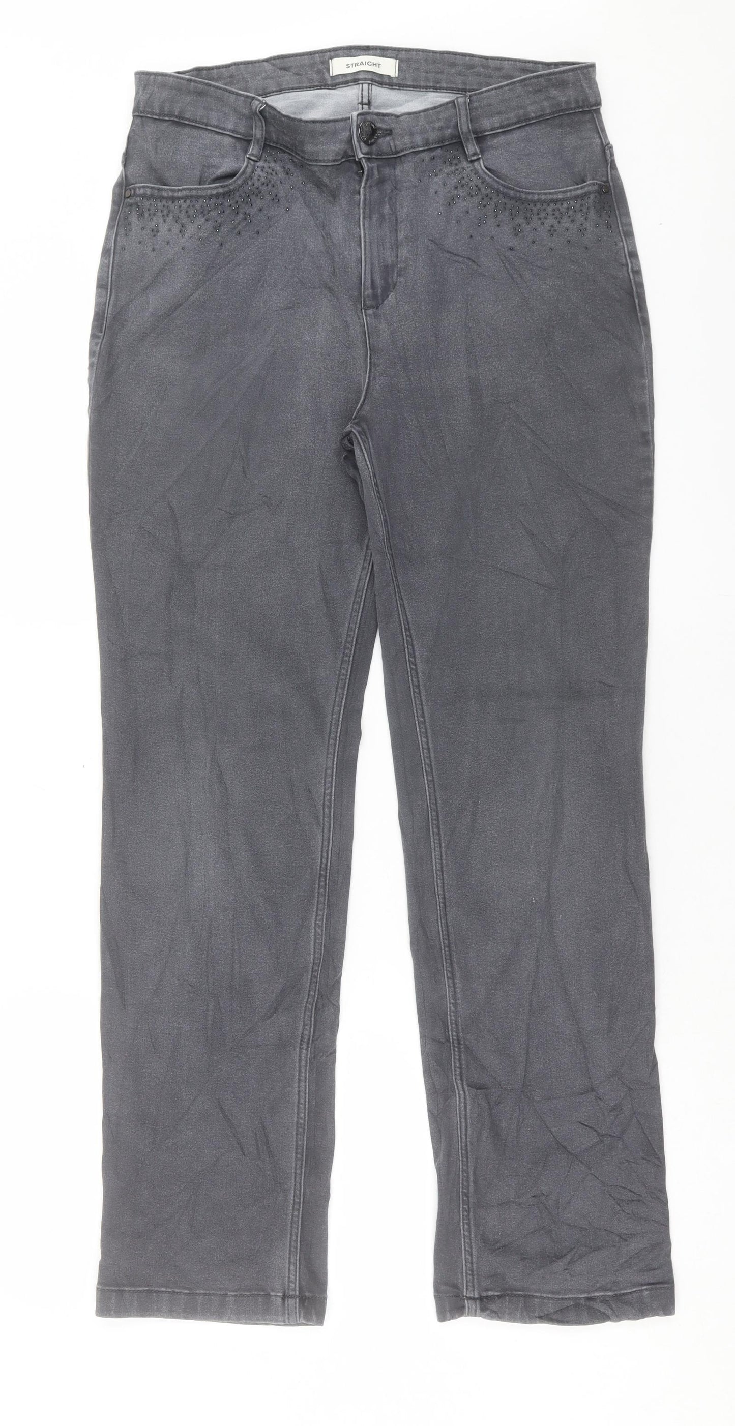 Marks and Spencer Womens Grey Cotton Straight Jeans Size 14 L30 in Regular Button