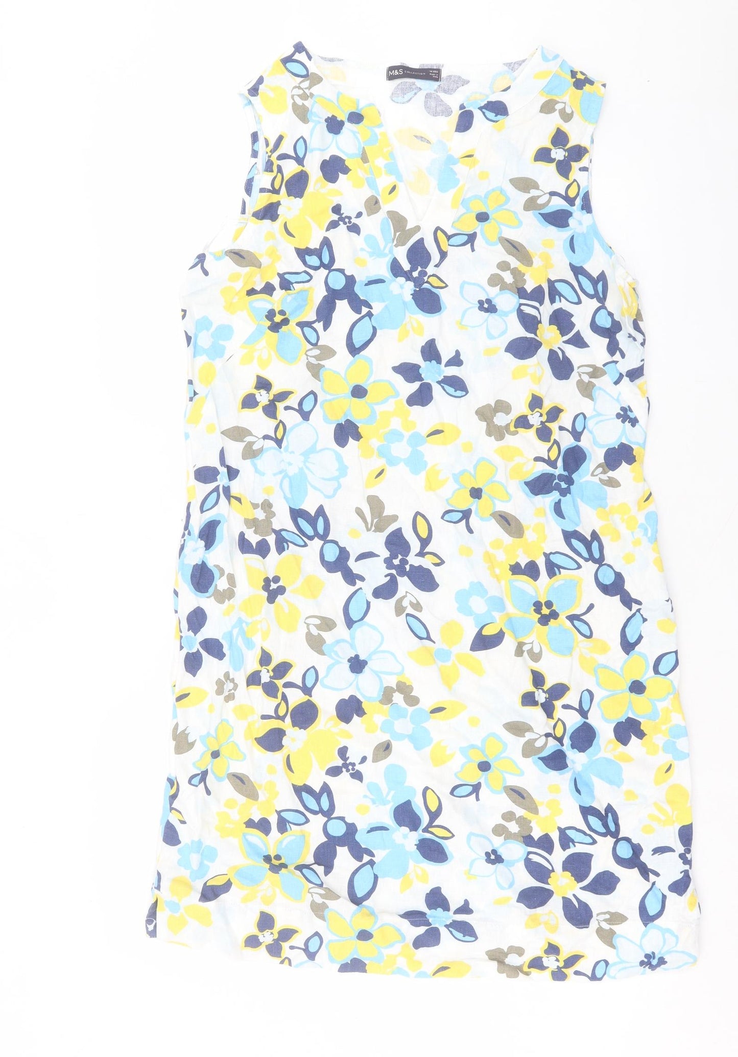 Marks and Spencer Womens Multicoloured Floral Linen Sheath Size 14 V-Neck Pullover