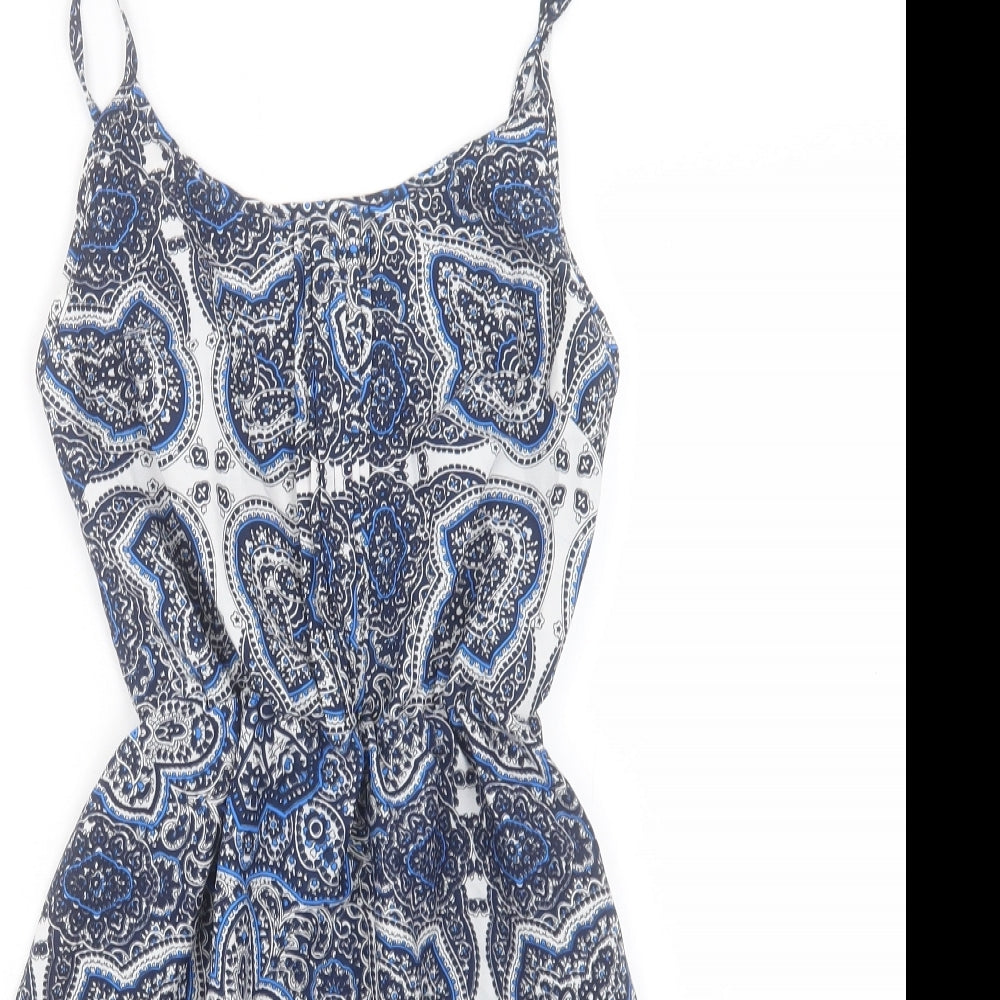 Exhibit Womens Blue Geometric Polyester A-Line Size 8 Square Neck Pullover