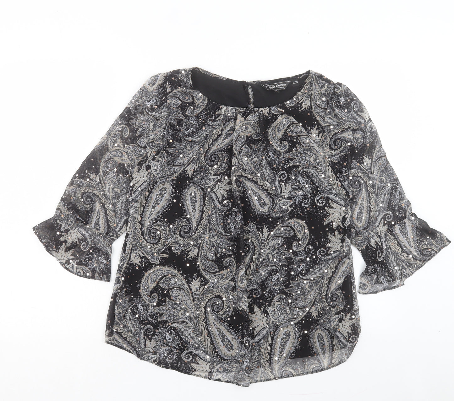 Billie & Blossom Womens Grey Paisley Polyester Basic Blouse Size 12 Crew Neck