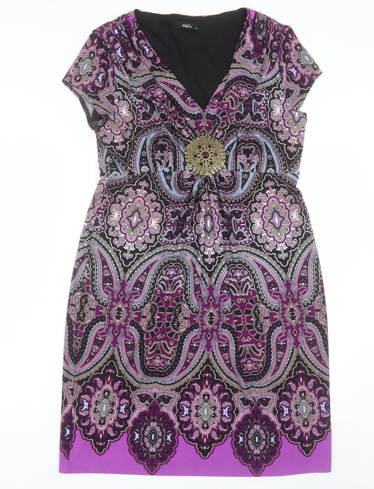 M&Co Womens Purple Paisley Viscose Sheath Size 16 V-Neck Pullover