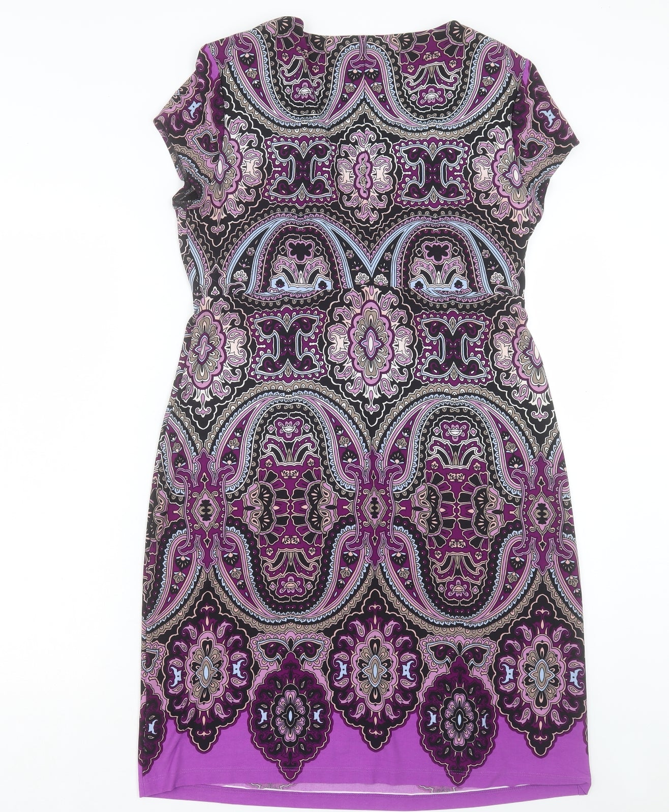 M&Co Womens Purple Paisley Viscose Sheath Size 16 V-Neck Pullover