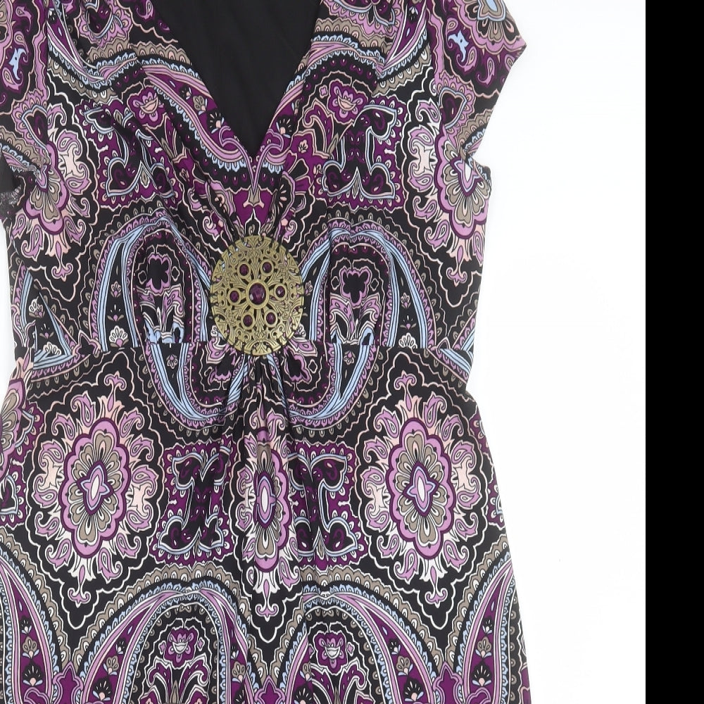 M&Co Womens Purple Paisley Viscose Sheath Size 16 V-Neck Pullover