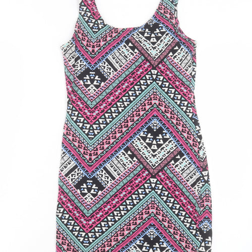 New Look Womens Pink Geometric Cotton Bodycon Size 12 Scoop Neck Pullover