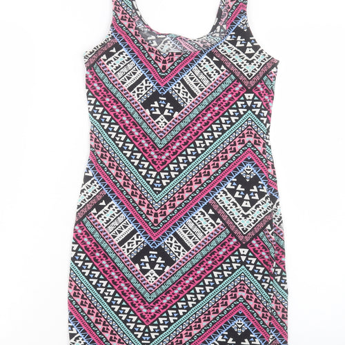 New Look Womens Pink Geometric Cotton Bodycon Size 12 Scoop Neck Pullover