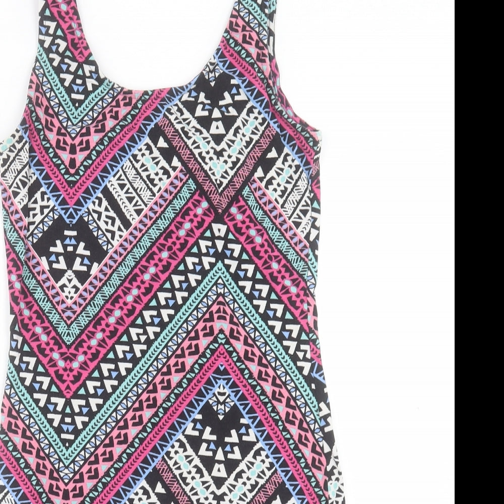 New Look Womens Pink Geometric Cotton Bodycon Size 12 Scoop Neck Pullover