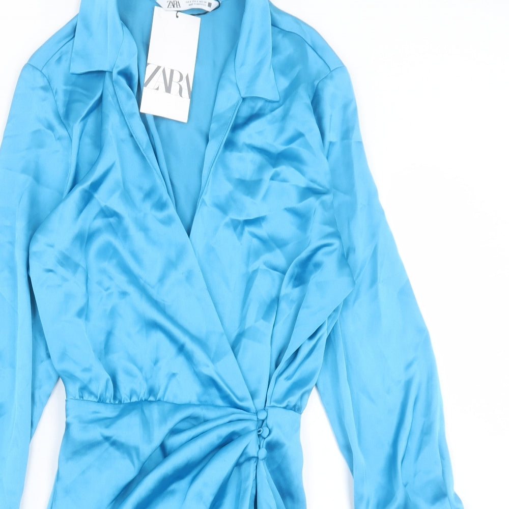 Zara Womens Blue Polyester Shirt Dress Size S Collared Button