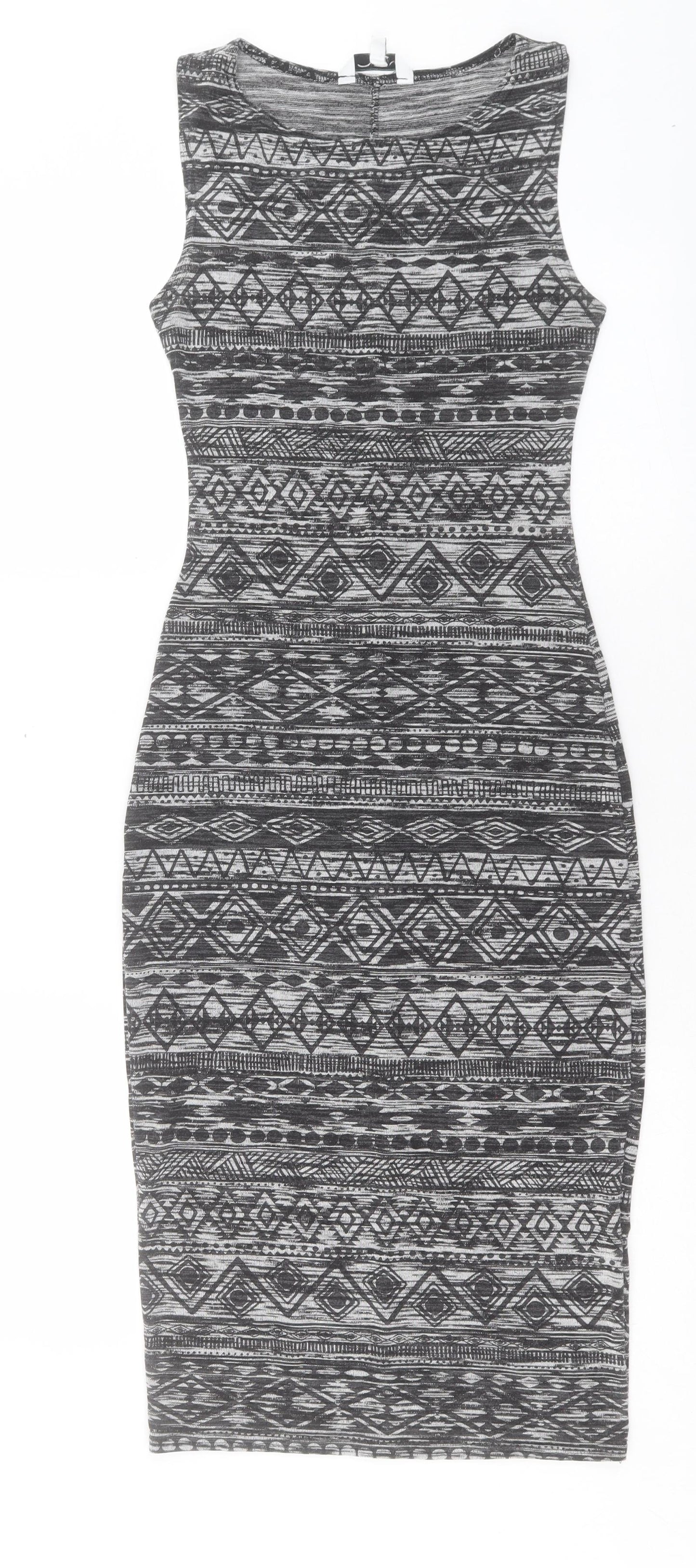 New Look Womens Grey Geometric Viscose Bodycon Size 10 Boat Neck Pullover