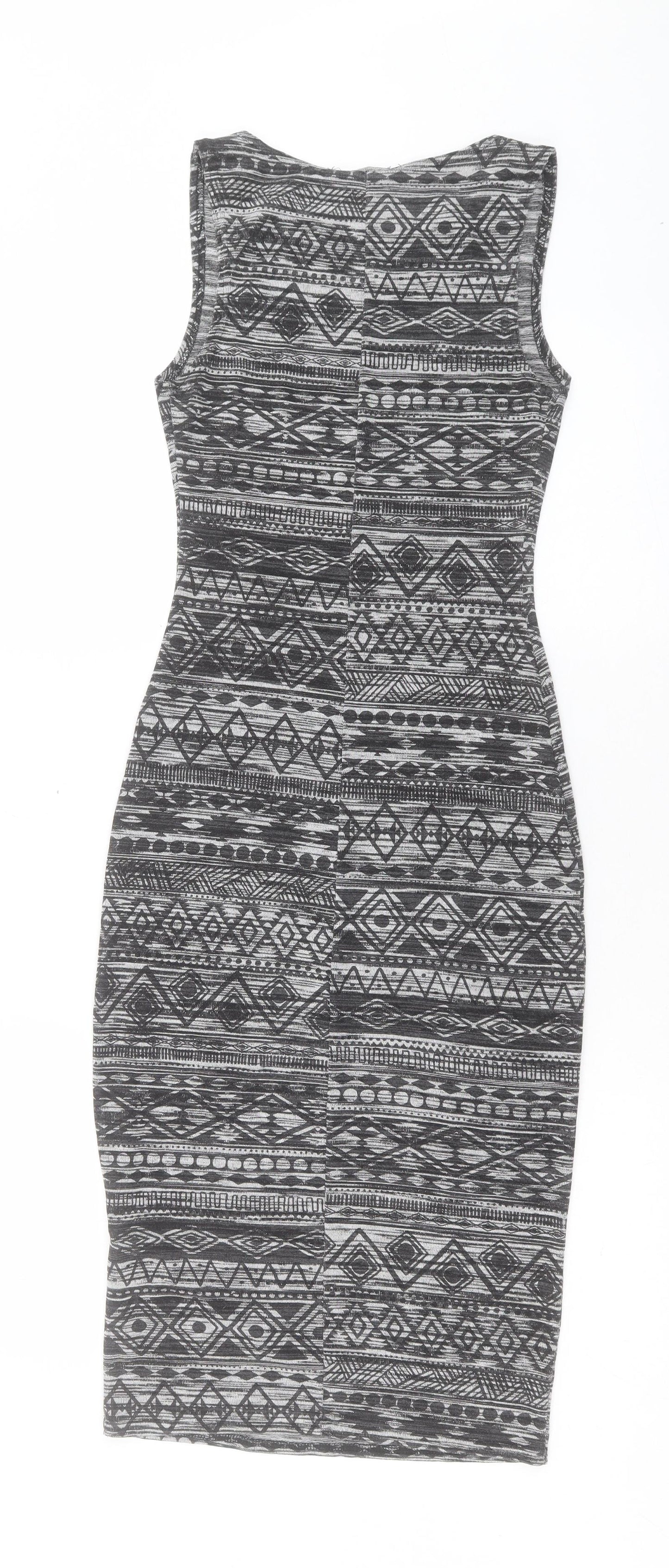 New Look Womens Grey Geometric Viscose Bodycon Size 10 Boat Neck Pullover
