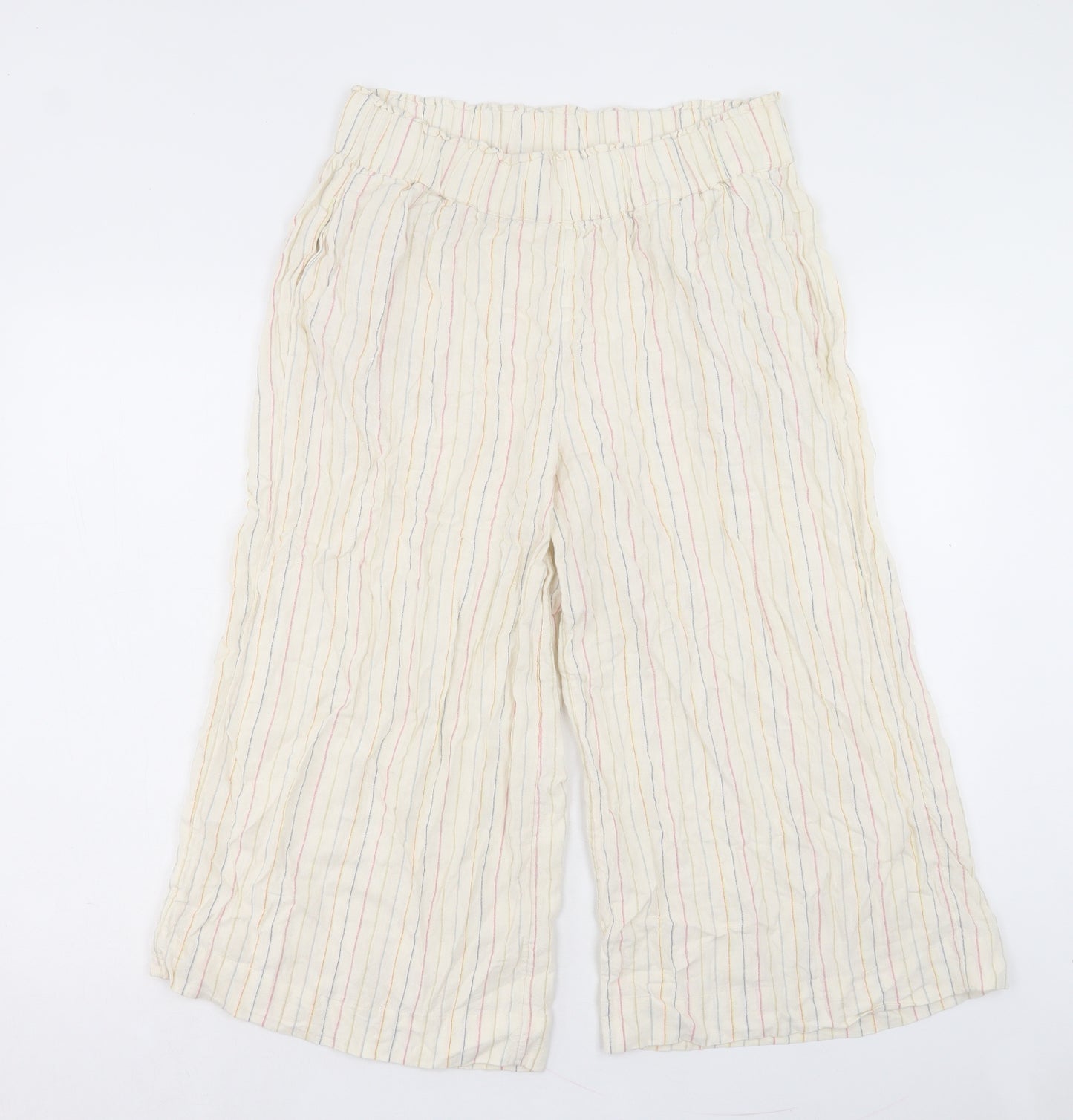 Marks and Spencer Womens Ivory Striped Linen Trousers Size 14 L20 in Regular