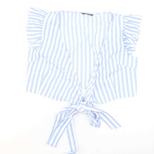 SheIn Womens Blue Striped Polyester Cropped T-Shirt Size L V-Neck