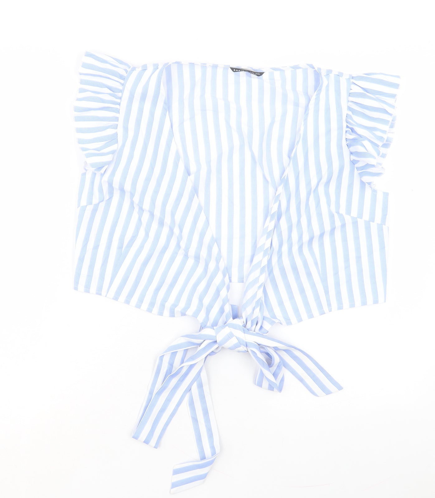 SheIn Womens Blue Striped Polyester Cropped T-Shirt Size L V-Neck