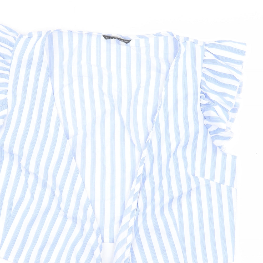 SheIn Womens Blue Striped Polyester Cropped T-Shirt Size L V-Neck