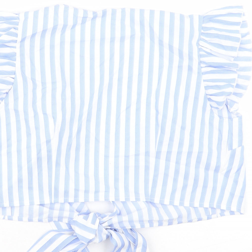 SheIn Womens Blue Striped Polyester Cropped T-Shirt Size L V-Neck