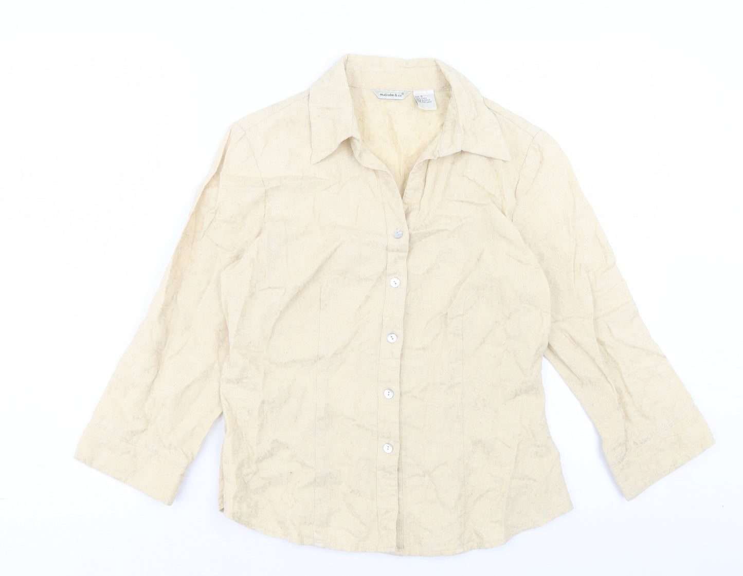 M&Co Womens Ivory Floral Linen Basic Button-Up Size S Collared