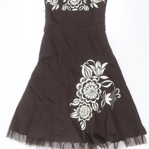 RJR.John Rocha Womens Brown Floral Cotton A-Line Size 10 Sweetheart Zip - Attachable Straps