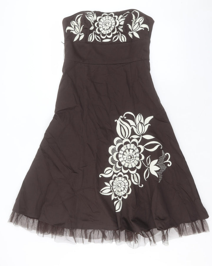 RJR.John Rocha Womens Brown Floral Cotton A-Line Size 10 Sweetheart Zip - Attachable Straps