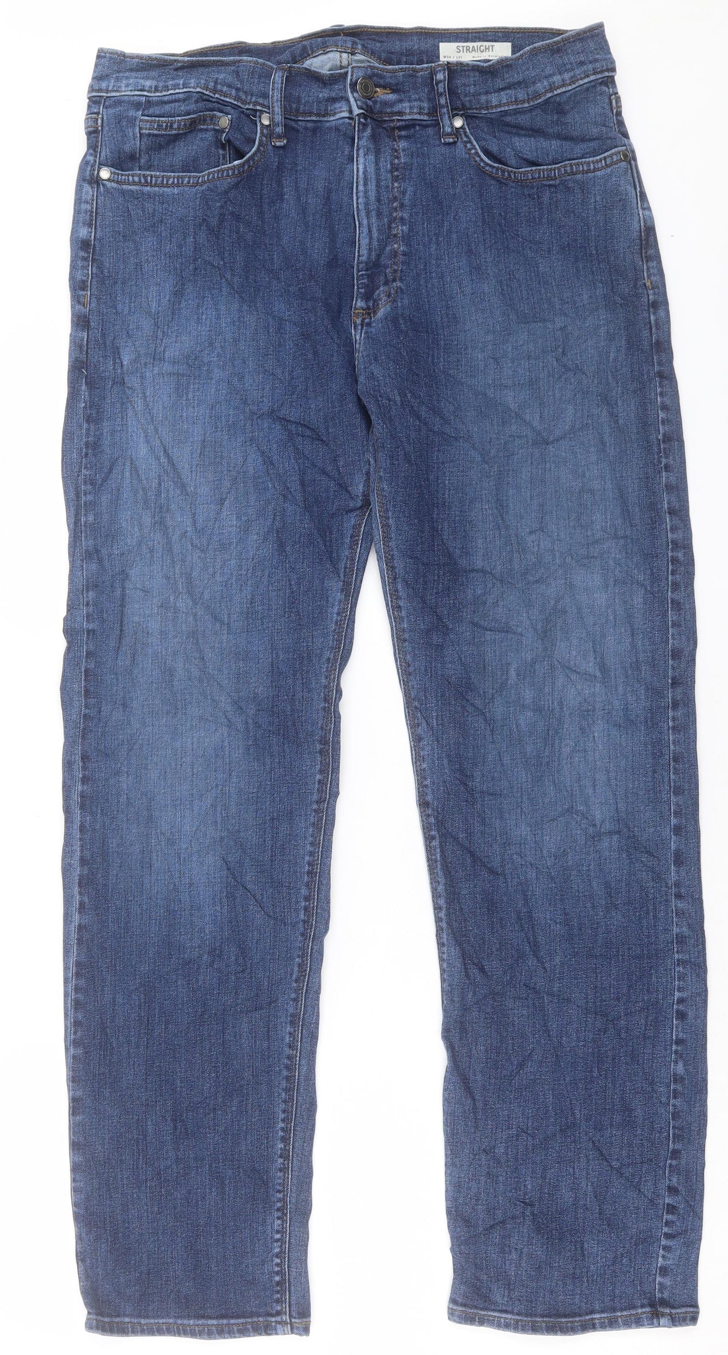 Marks and Spencer Mens Blue Cotton Straight Jeans Size 34 in L31 in Regular Button