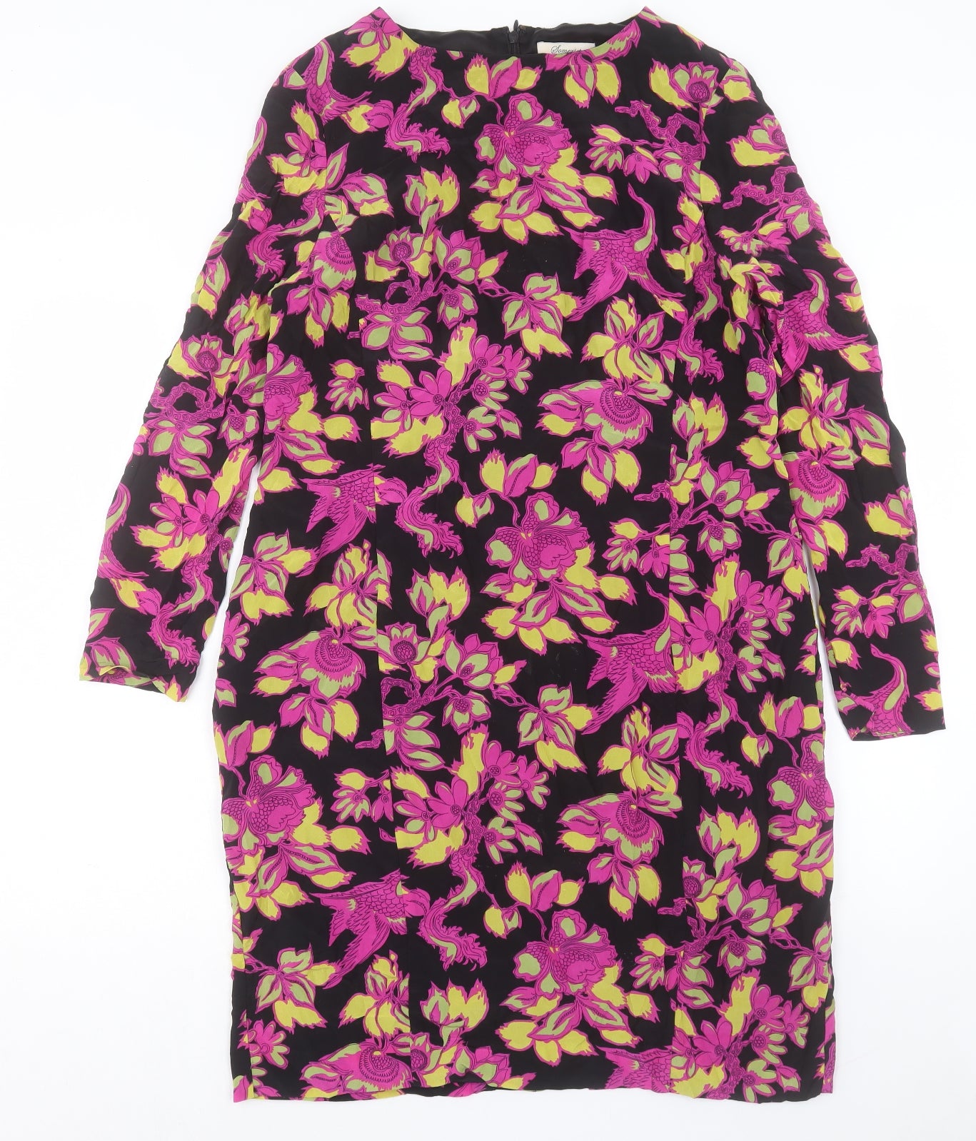 Somerset Womens Purple Floral Silk A-Line Size 16 Crew Neck Zip
