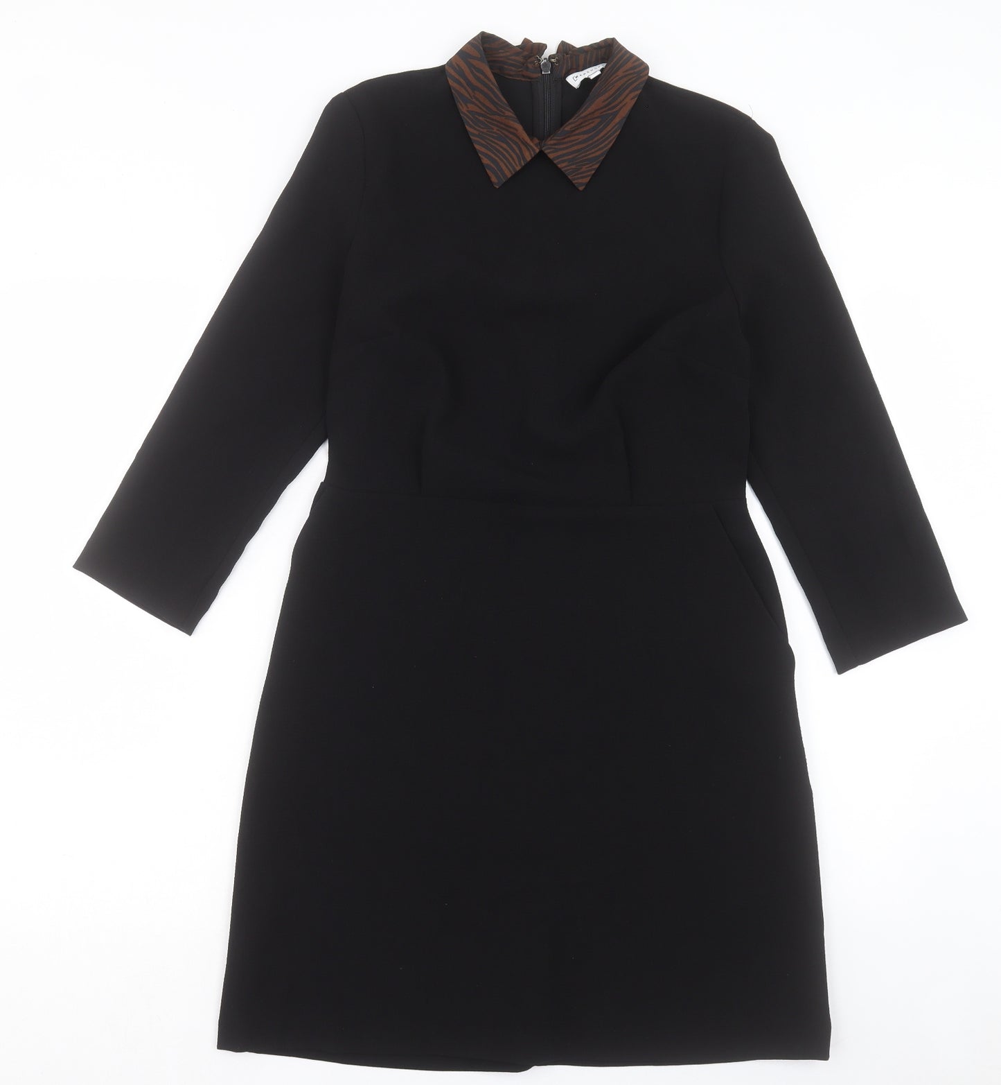 Warehouse Womens Black Animal Print Polyester A-Line Size 10 Collared Zip